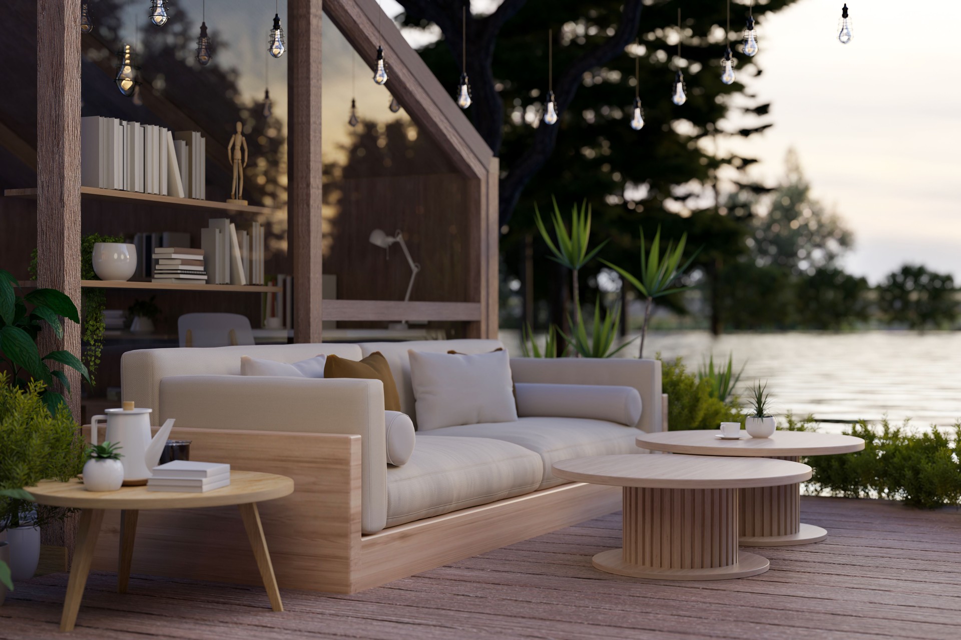 Exterior design of a beautiful and comfortable outdoor lounge relaxation area with a beautiful lake.