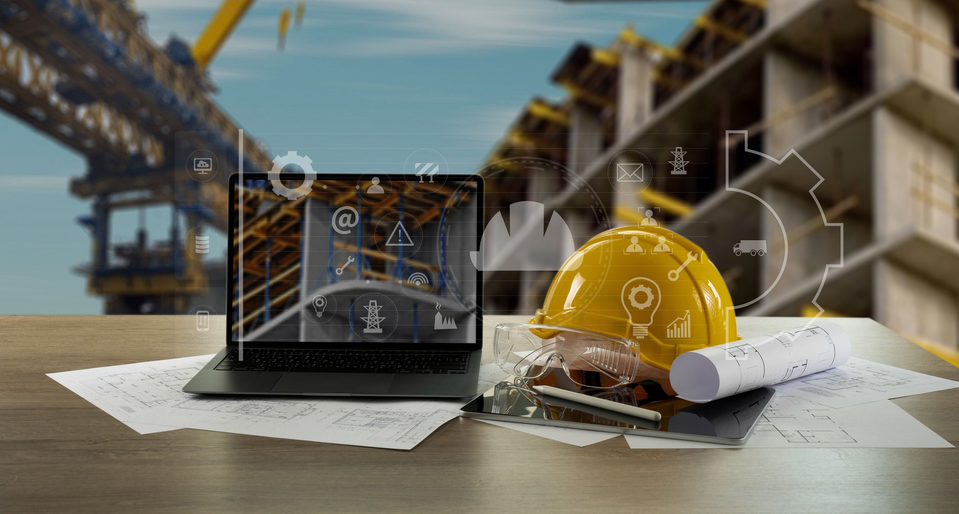 Engineer architect industry 4.0 using computer construction site, industrial and innovation infographic at building futuristic architect control innovation safety design